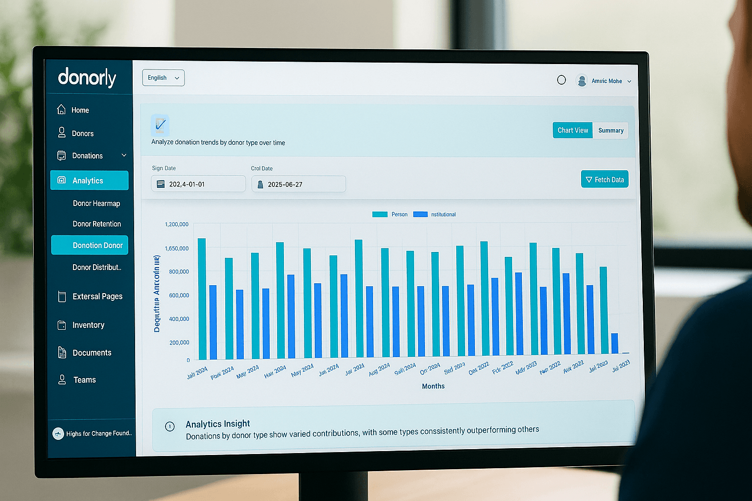 Donorly nonprofit CRM dashboard showing donor analytics, donation tracking, and bilingual interface with real-time fundraising metrics